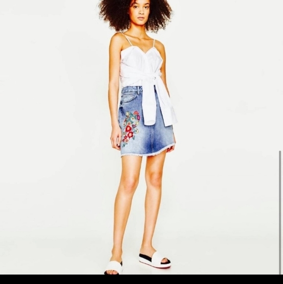 Zara denim asymmetrical skirt with embroidery , S - Picture 2 of 2